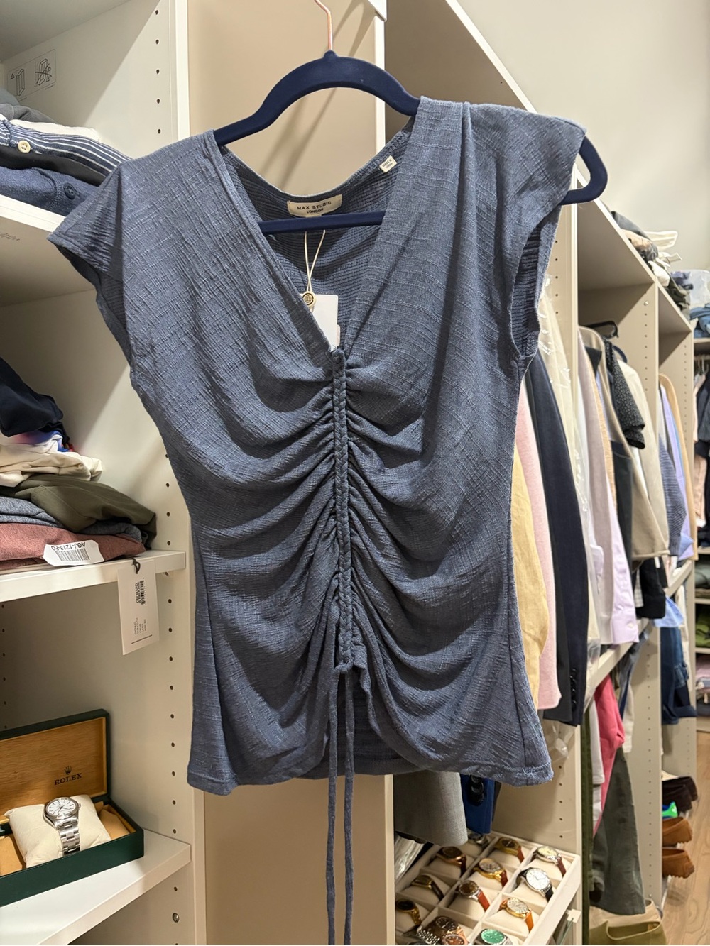 Max Studio Slate Blue Ruched Front Cap Sleeve Top